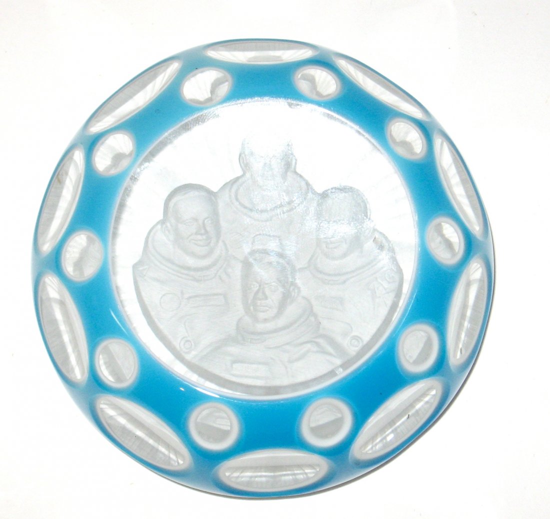 Cristal D Albret Apollo 11 paperweight,: ovoid form in blue with windows showing the four astronauts, Aldrin, Collins, Armstrong and Shepard, factory mark, 4" wide.