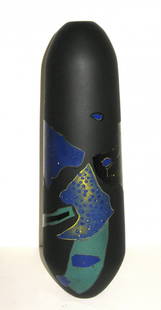 Joel Philip Myers art glass sculpture,: Large torpedo form in black glass decorated with patches of Blue red and green shards, etched signed Joel Phillip Myers, 14" ht.