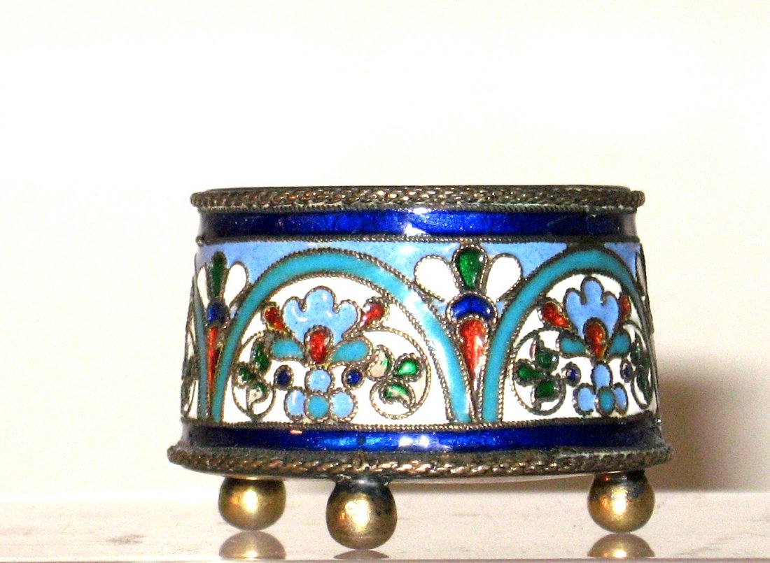 Kurlyukov Russian silver salt,: Ovoid form with cobalt enamel, signed _. _________ 84, 1 1/2" wide.