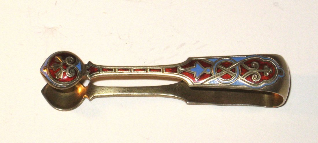 Russian enameled silver tones,: Marked 88 with red and orange enamel, 3 1/4" long.