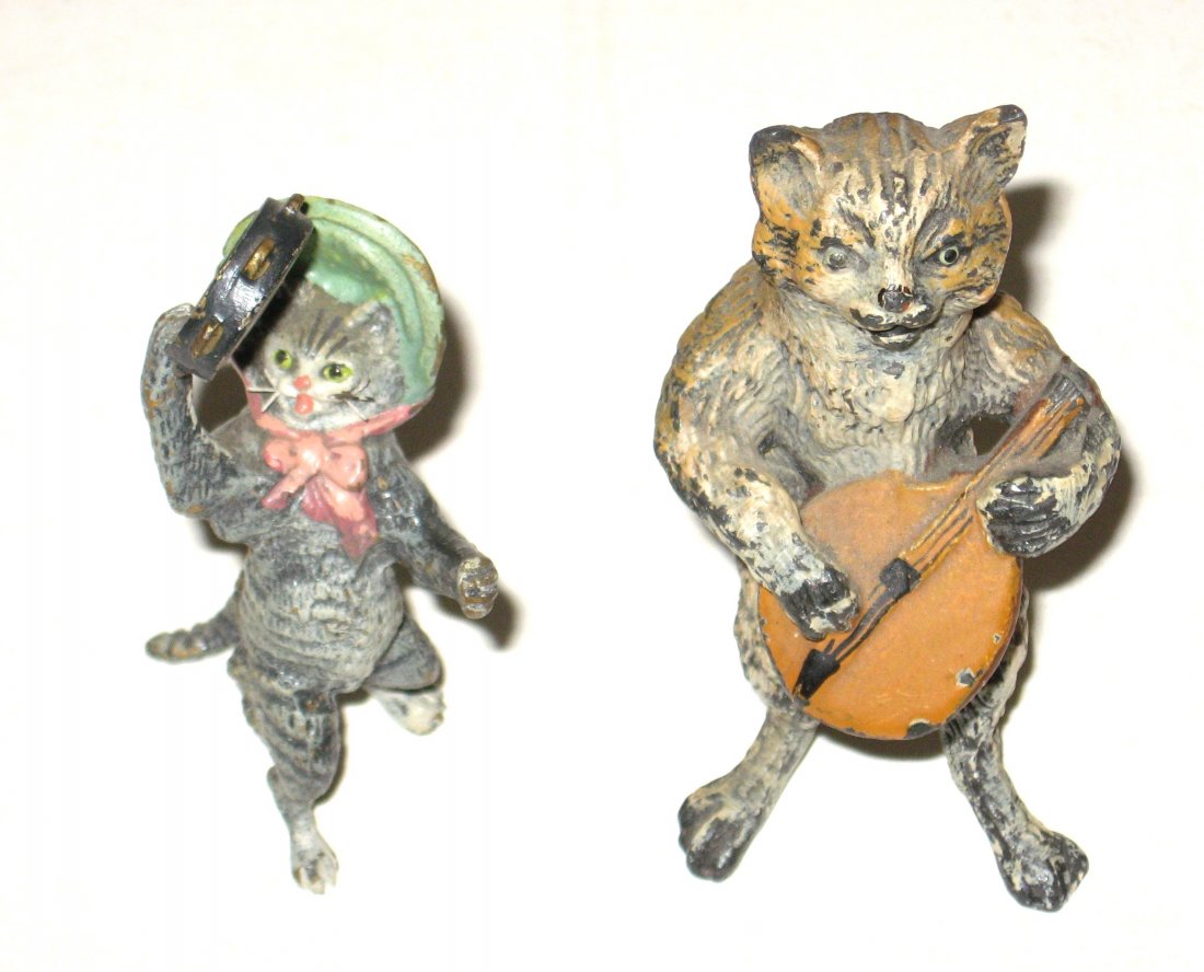 Two Viennese cold painted bronze cat,: Including a large cat playing a guitar together lady cat with a green bonnet playing the tambourine, tallest 3 1/4" ht.