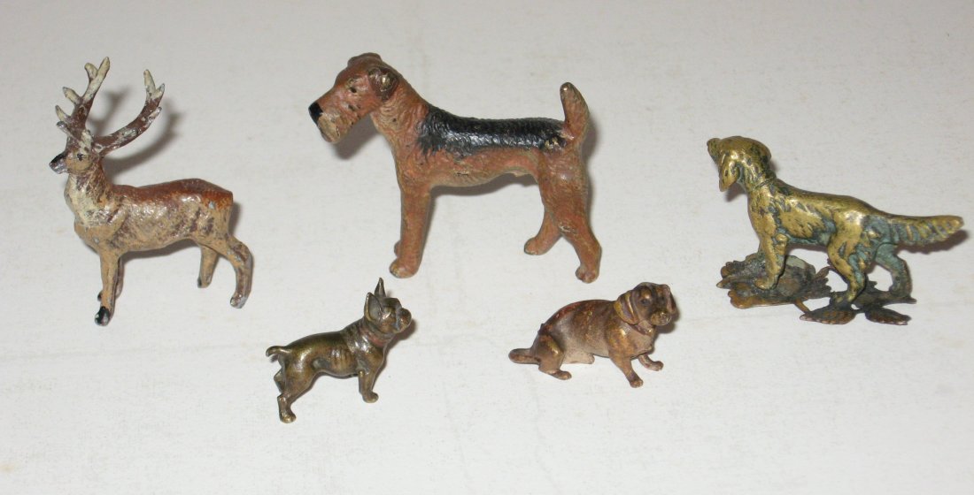 Group of Viennese bronze deer and dogs,: Five miniature bronze figures including a cold painted 10 point buck, and four dogs the largest marked Austria 1 3/4" ht.