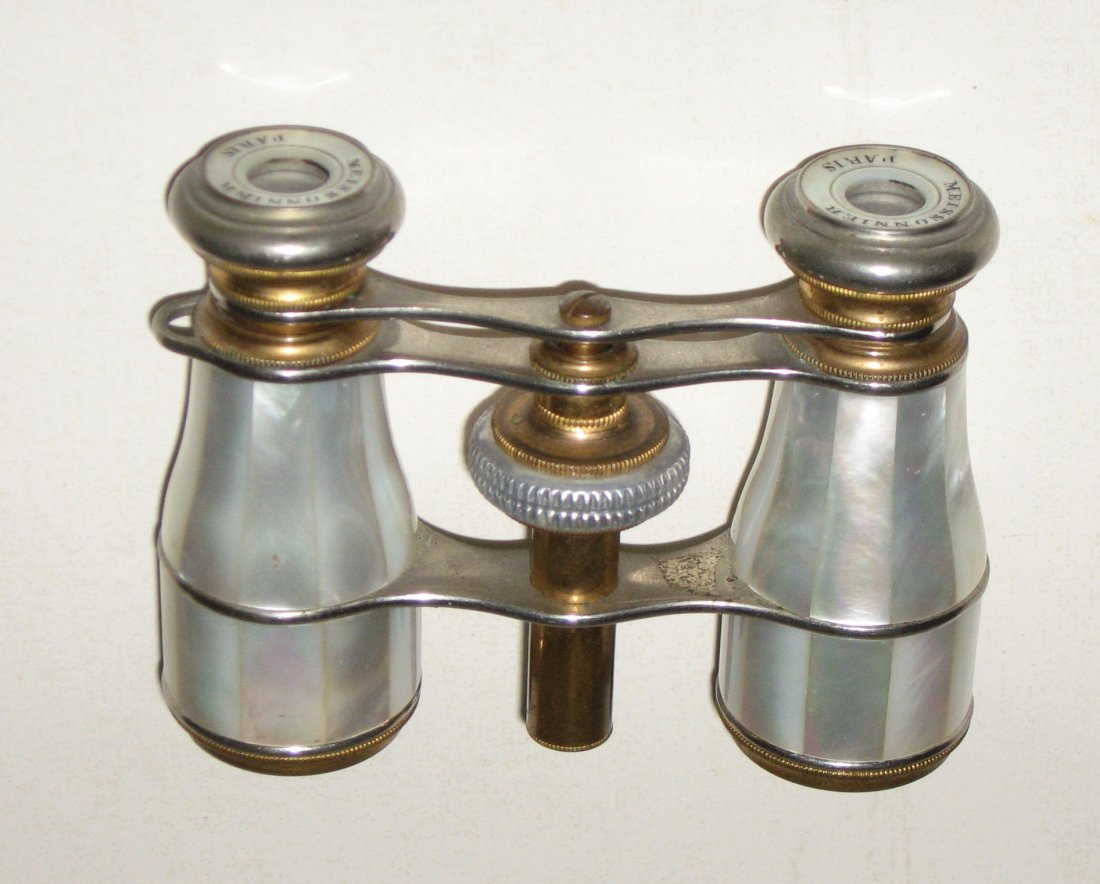 Paris Mother of Pearl Opera glasses,: faceted MOP binoculars marked Meissonnier Paris, 3 1/2" long