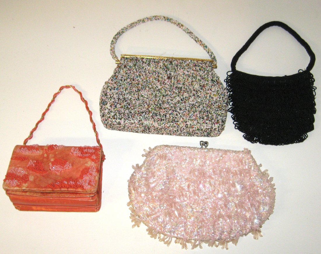 Four vintage beaded bags,: One each in red black, pink, and multi colored, black marked K & G Charlet, largest 9 1/2" long