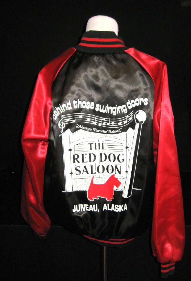 Original Red Dog Saloon nylon jacket,: Men's red and black nylon jacket, reverse with emblem of Red Dog Saloon Juneau Alaska, medium.