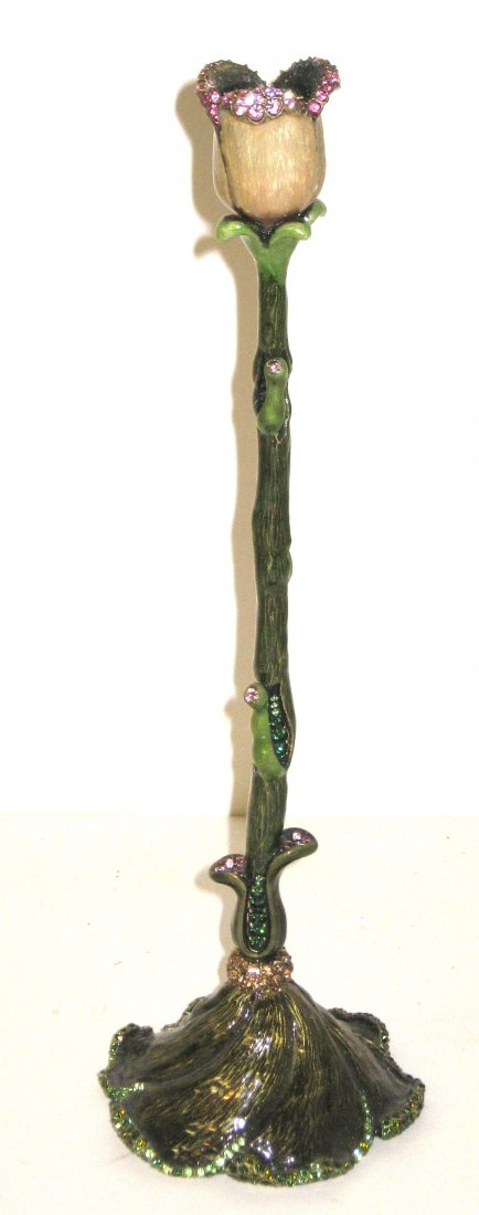 Jay Strongwater candlestick,: Art Nouveau design pink tulip with green stem and base, adorned with colorful Swarovski crystal, marked Jay Strongwater, 12" ht.