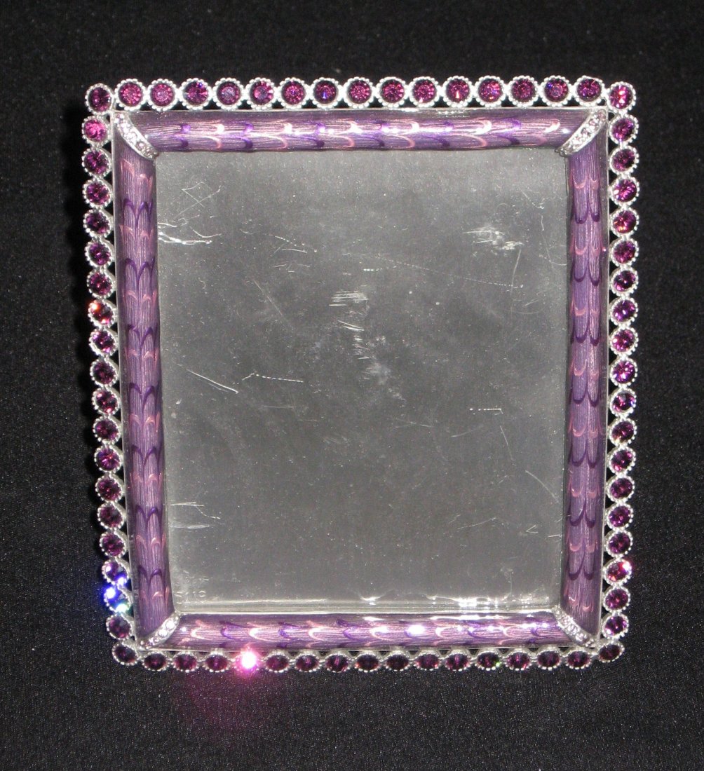 Jay Strongwater purple picture frame,: Enameled rim picture frame adorned with Swarovski crystals, 5" by 6".