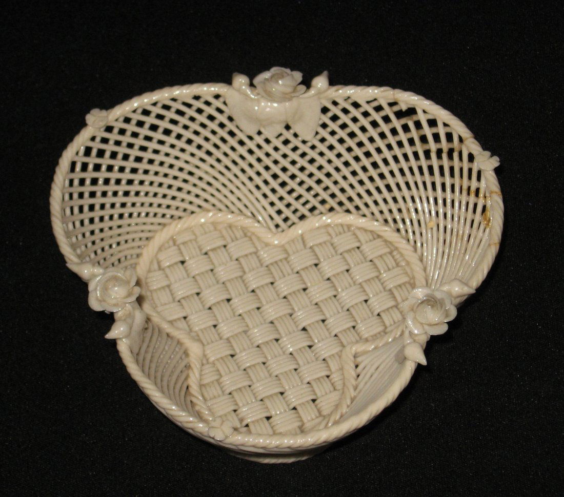 Belleek Shamrock tri-fold 4 stand basket,: adorned with parian roses, mark Belleek Co Fermanagh Ireland, 5 1/2" wide.