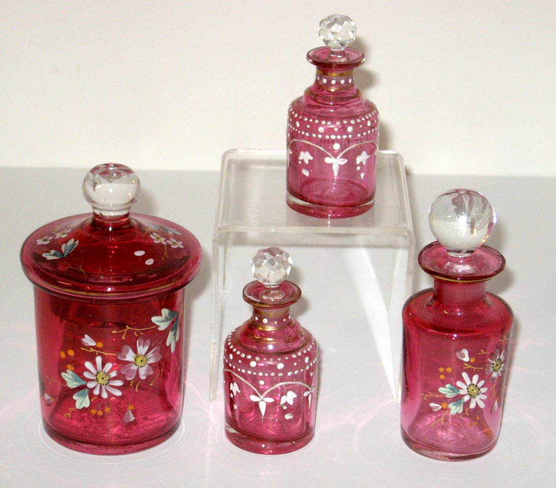 Three piece grouping of decorated cranberry, (1 of 5)
