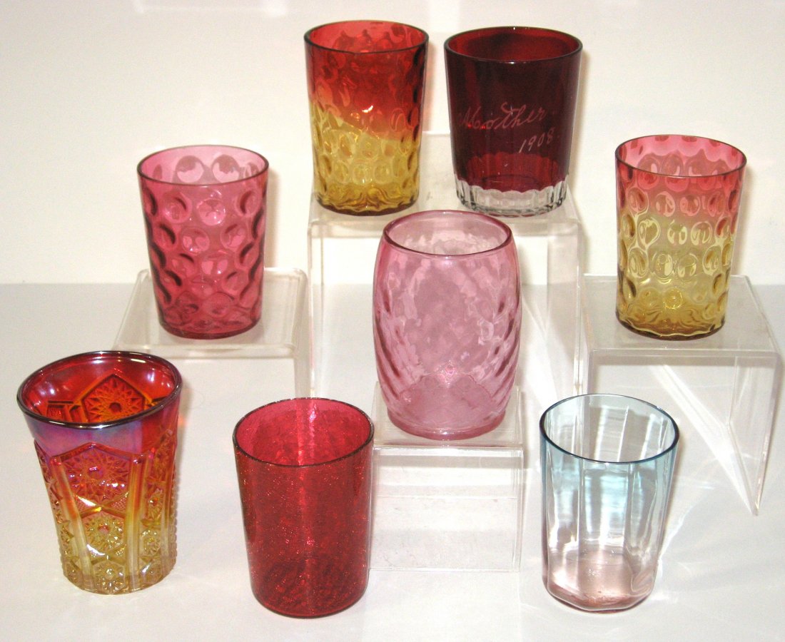 Group of 8 Cranberry, Amberina, Ruby tumblers, (1 of 3)