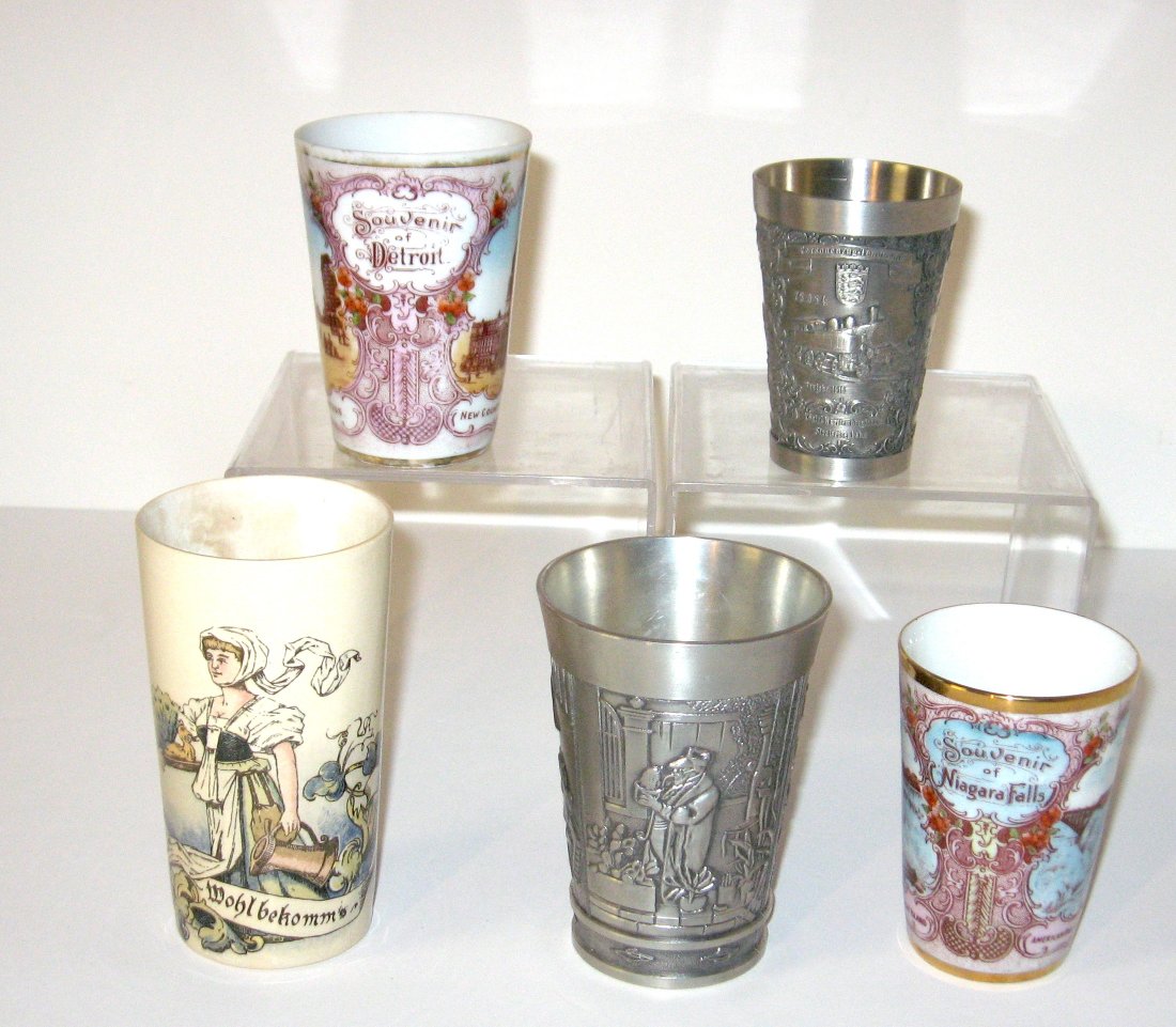 Five metal and porcelain Souvenir tumblers, (1 of 8)