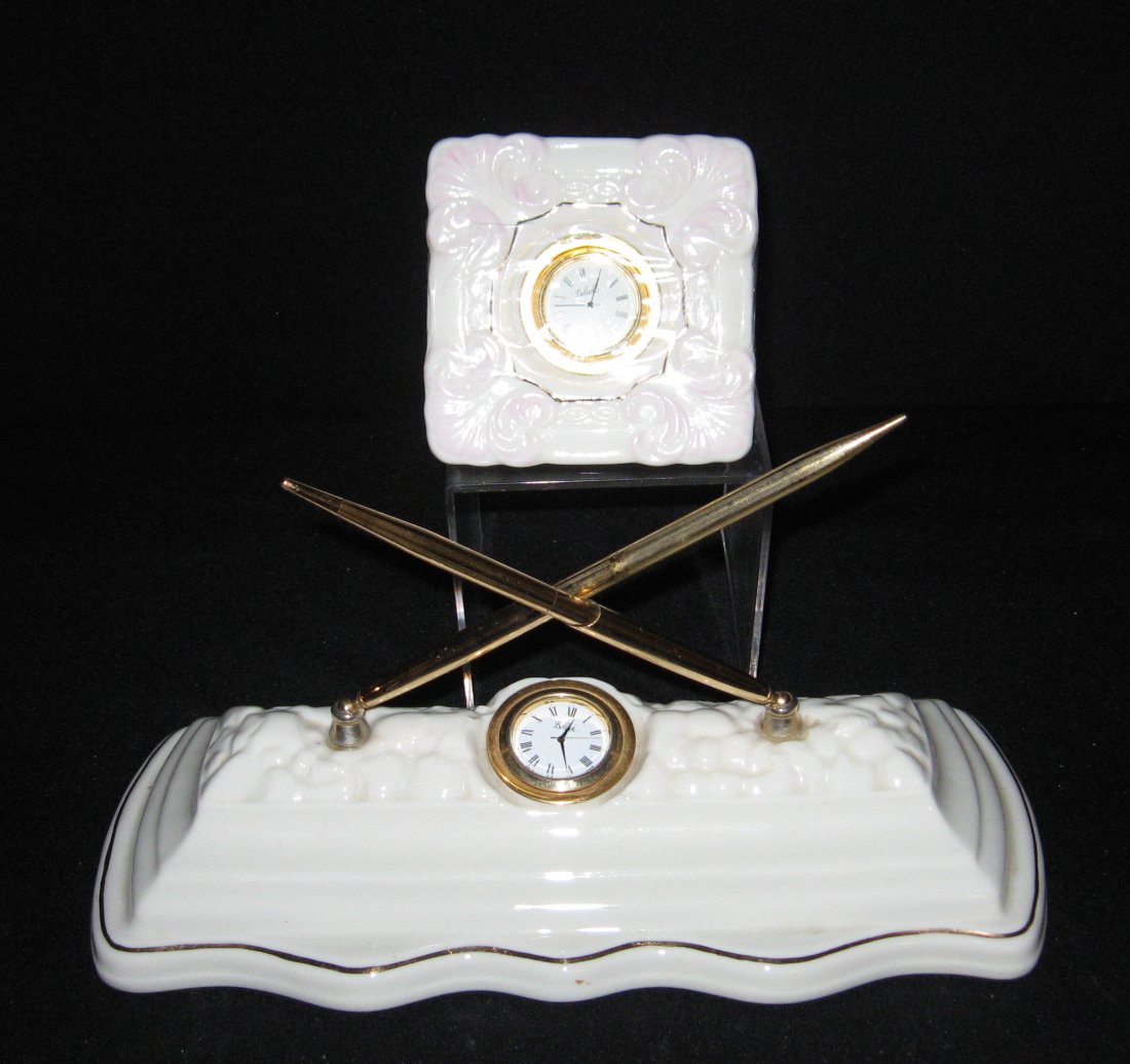 Belleek pen and clock desk set, (1 of 4)