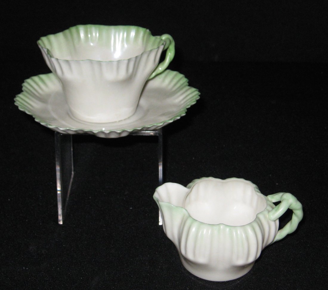 Belleek Hexagon cup, saucer and creamer, (1 of 4)