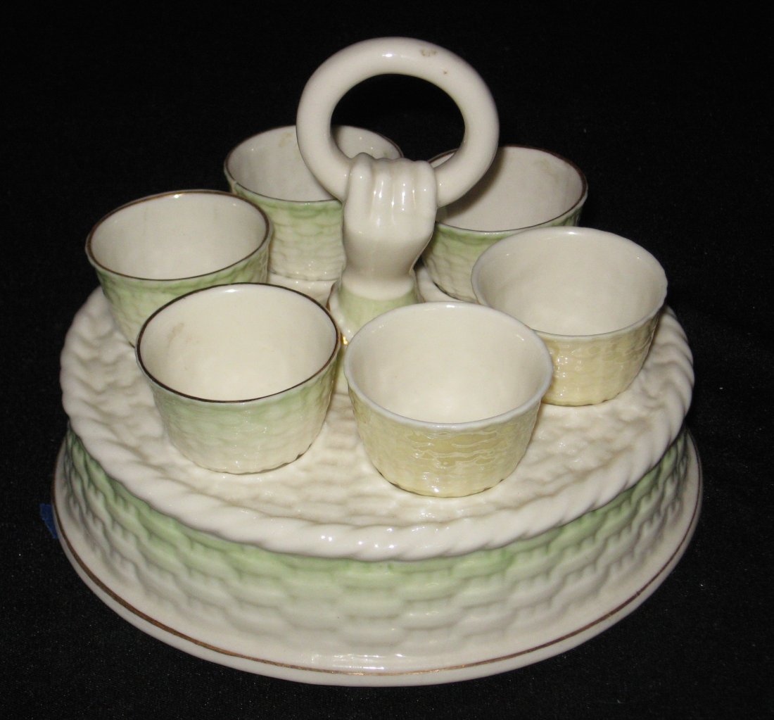 Six Belleek egg cups and caddy, (1 of 5)