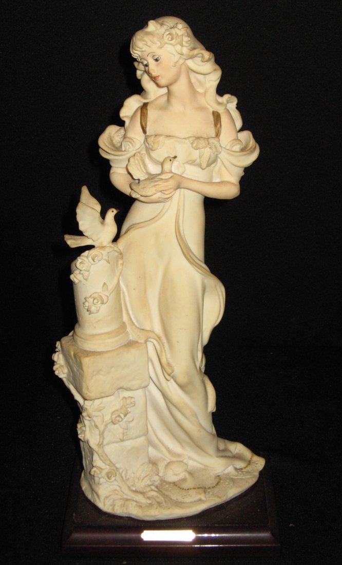 Giuseppe Armani lady figurine,: Large size figurine of "Lady with Doves" on a gold plaque wood base, marked on figurine G Armani Florence, 13" ht.