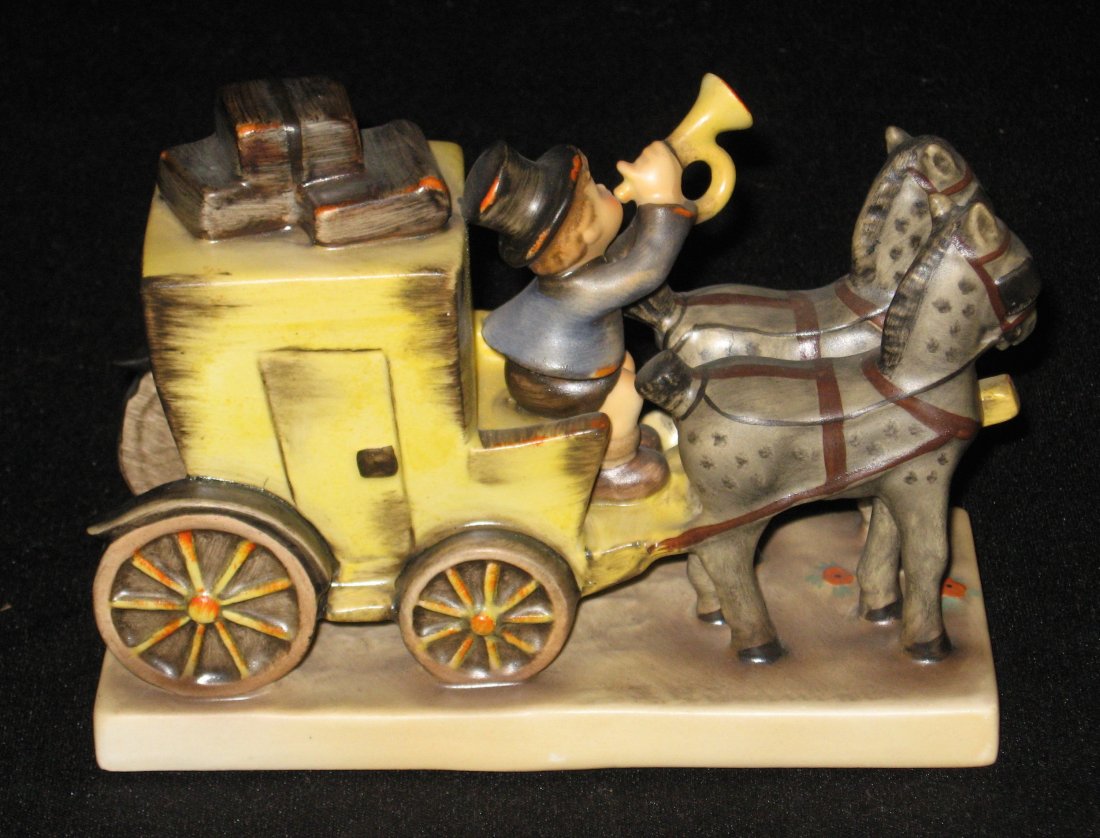 TMK 2 Full bee Hummel "The Mail is Here": Hummel figurine 226 of a yellow horse drawn carriage, full bee mark, 6 1/2" long.