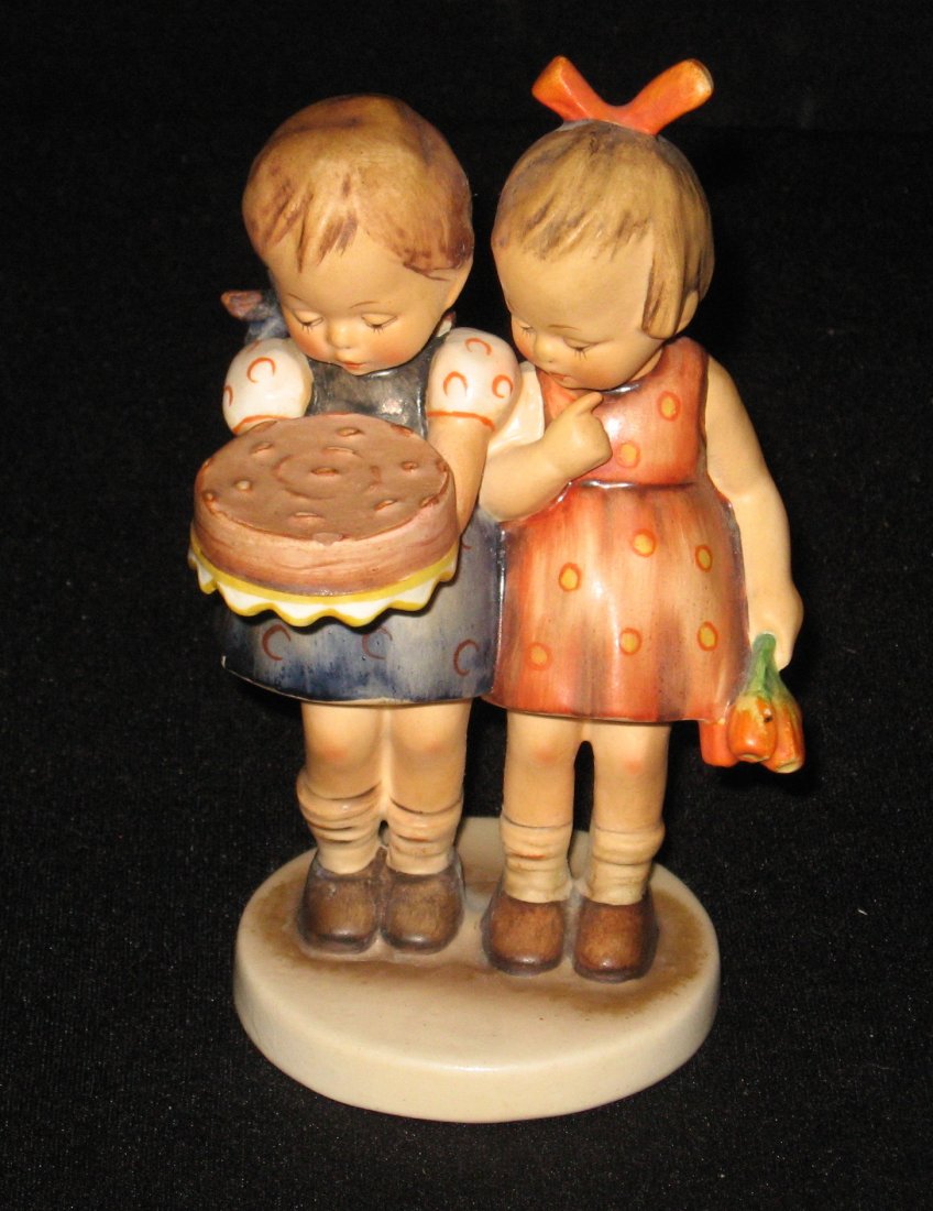 Crown mark Hummel " Happy Birthday": Hummel 176 of two children and a cake, double marked with incise crown and ink full bee, 5 1/2" ht.