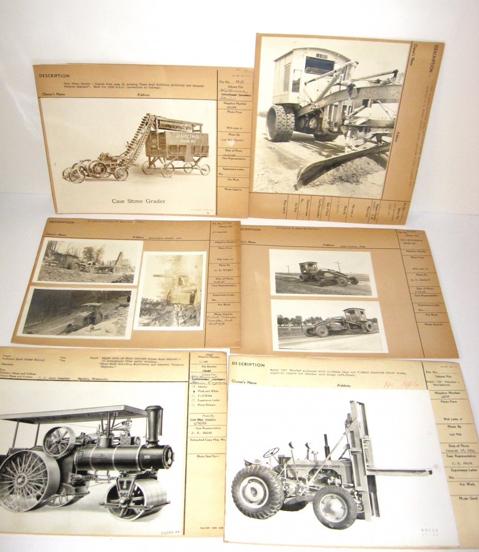 Six original Case Photo/negative folios,: Six original Case Company folios of pictures and negatives of 1930 products including Model DI Tractor Mechanical, Historical Steam Engine, Case Stone Grader, Road Maintenance Model LI, LI Tractor pul