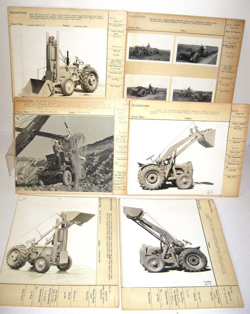 Six original Case Photo/negative folios,: Six original Case Company folios of pictures and negatives of 1930 products including four picture of LI Heavy pulling scrapers, an LI Koehring Dumpster, a DI tractor with Hough Loader, 2 pictures of