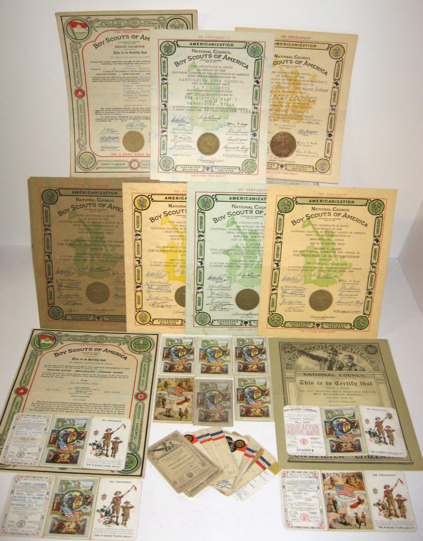 Boy Scout of America memorabilia: Certificates and membership cards for Hilbert Lochner from 1923-1984. Hilbert was a long time member of the Scouts from 1920 to 1970, his time took him through Fort Wayne, Evanston, Philadelphia, Harr