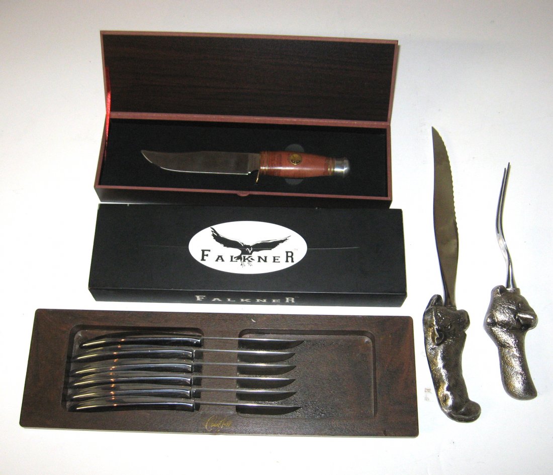 Three sets of knives,: Including a Carvet Hall vintage steak knive set, together with a Wall Street Bull and Bear carving set, and a Falkner Buffalo Bill commemorative box set, Falkner box set 12' long knife 8 1/2" long.