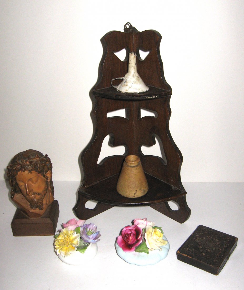 Group of Vintage decorative arts,: Including Royal Adderly and English porcelain flower, a wood corner shelve, a stone ware ink well, a diminutive enameled metal funnel a tin type picture and a wood carving of Christ, shelf 12" ht.