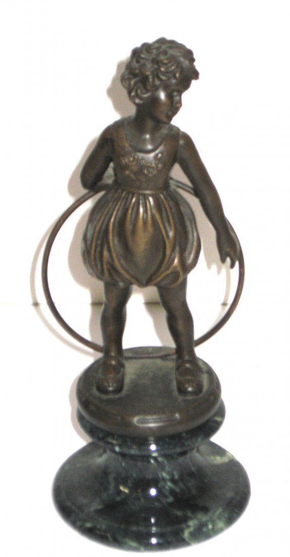 Bronze and marble statue,: After Chiparus bronze statue of a young girl with a hula hoop, set on a marble base signed Chiparus, 9" ht.