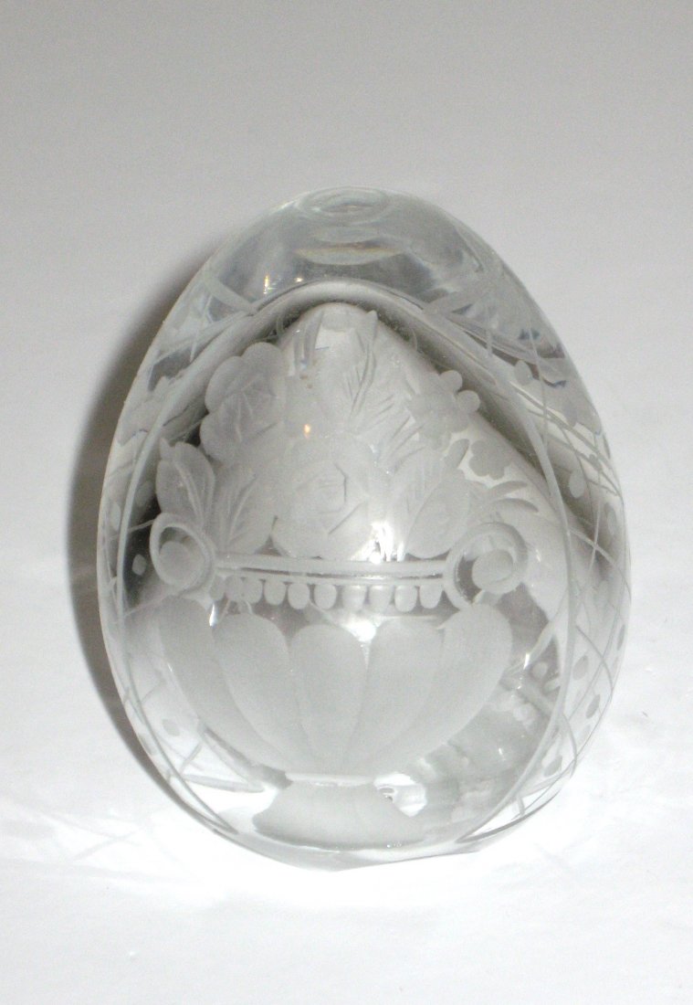 Contemporary Faberge glass egg,: The front with flowers the reverse with the letter E under a crown, 2 1/2" ht.