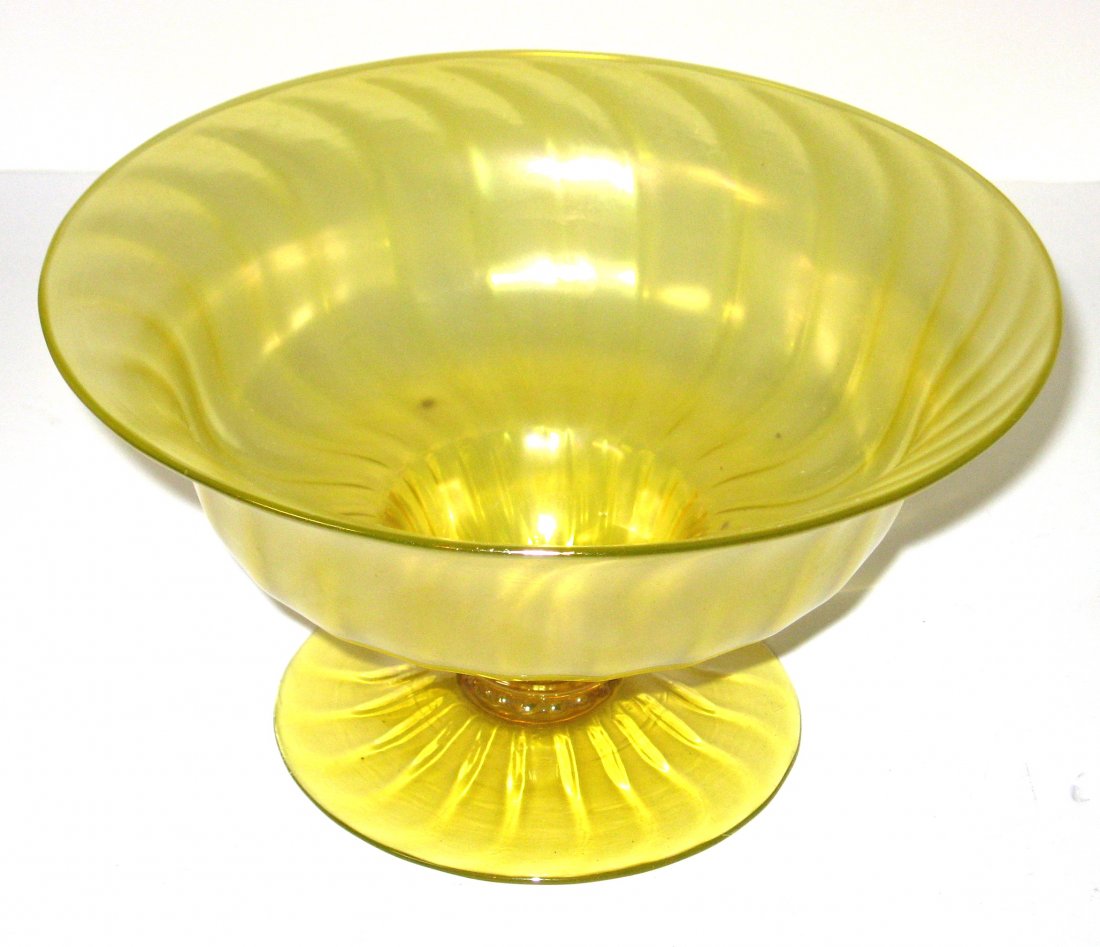 English Powell footed compote,: Rare John Walsh Vaseline optic ribbed compote, 8" wide.