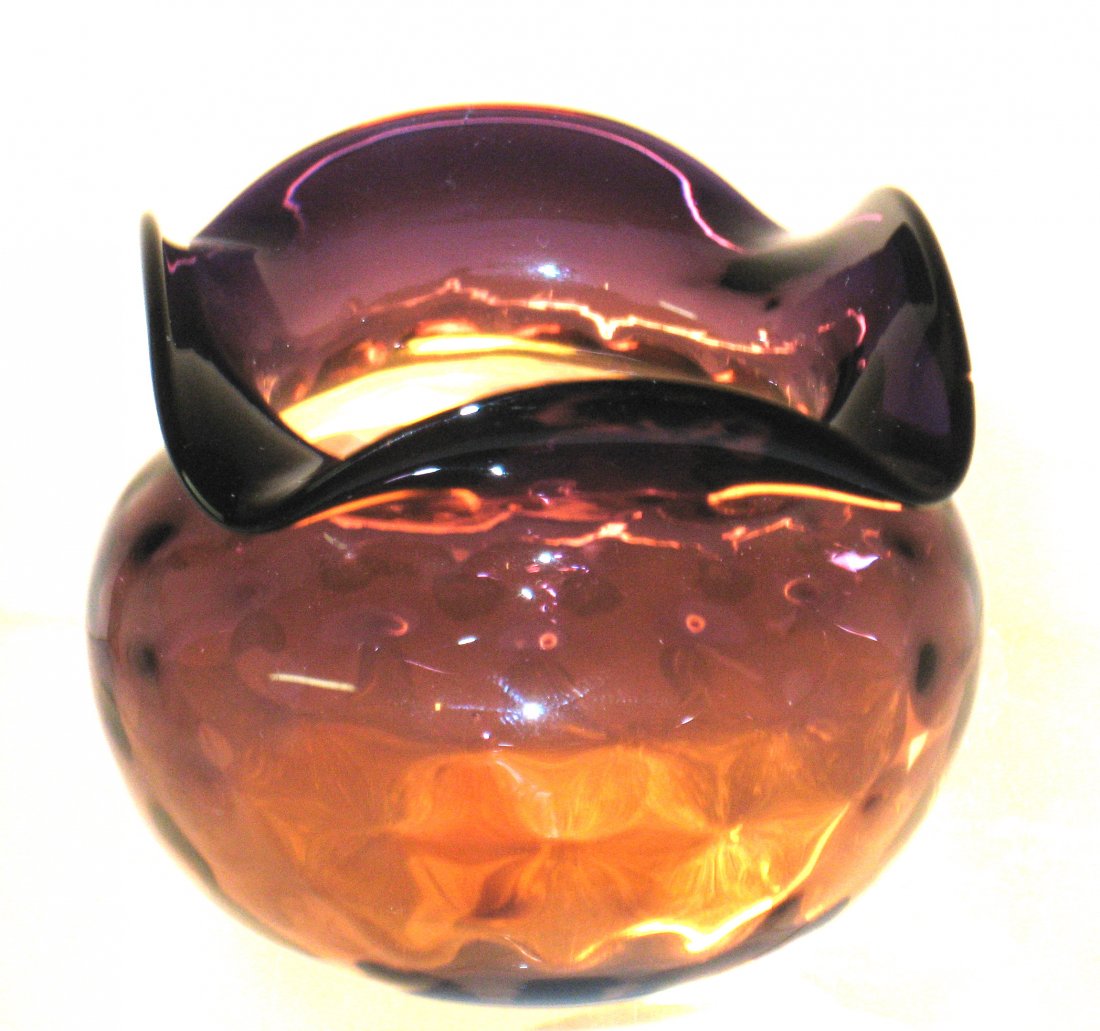 Webb Alexandrite/Amberina glass vase,: Ovoid form in the optic diamond pattern with a quad-ra-fold rim shading from amber to rose with a subtle blue tint, 3" wide.