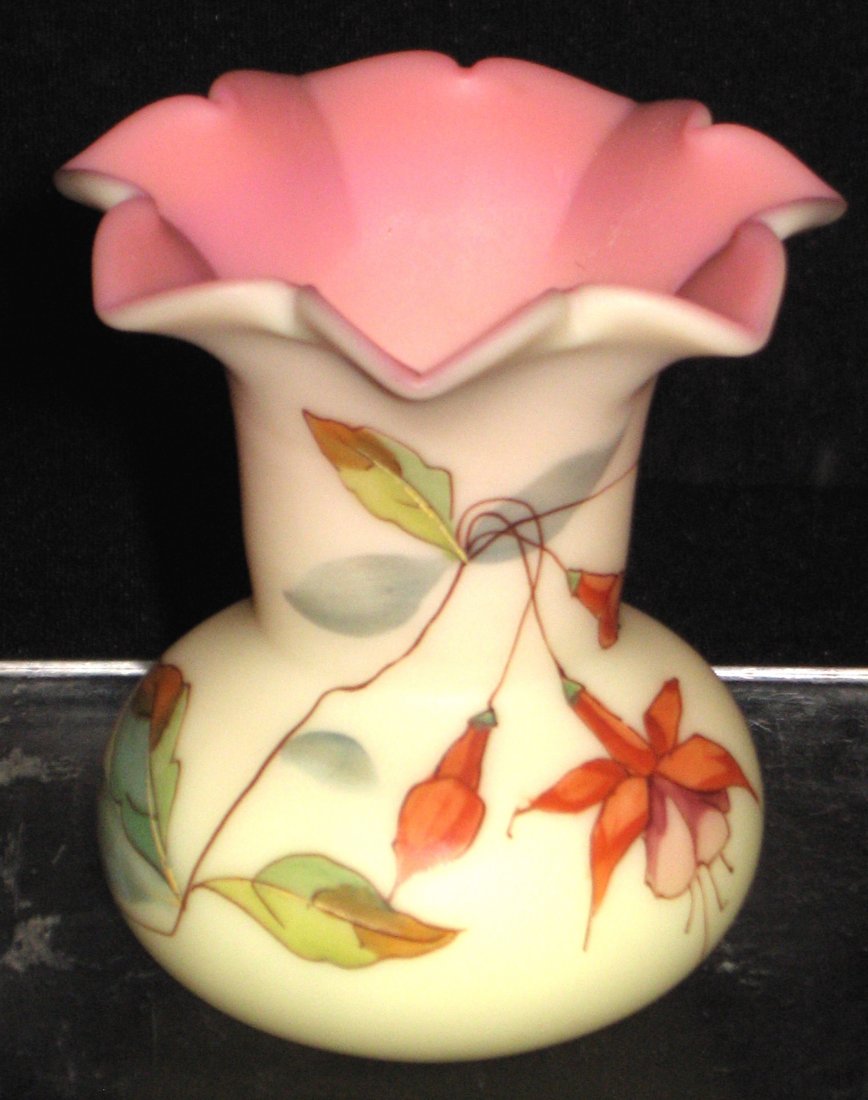 Webb Bulbous Burmese glass vase,: Bulbous form with a scalloped rim decorated with a red and yellow Fuchsia, signed with a Thomas Webb and Sons acid stamp, 3' ht.