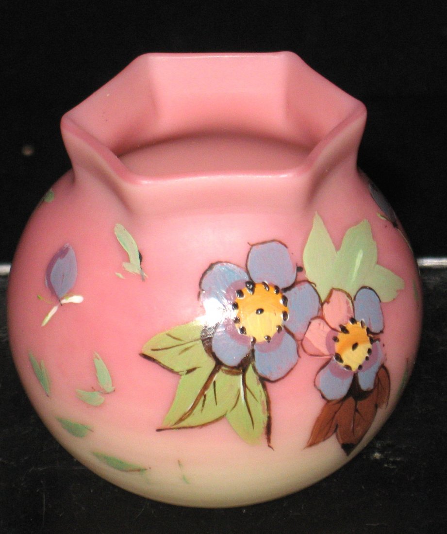 Webb ovoid Burmese glass rose bowl,: Ovoid form with a hexagon rim decorated with a bright purple prunis pattern, 2 1/2" ht.