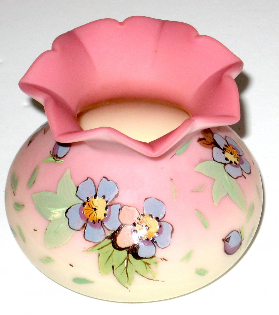 Webb Ovoid Burmese rose bowl,: Ovoid form with an eight pointed star rim decorated with purple and blue flowers, 3 1/2" wide.
