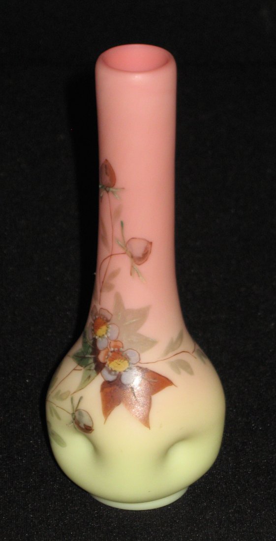 Webb Burmese stick form glass vase,: Pinched sided stick form in amber to rose decorated in the stemmed Hawthorn pattern, 6" ht.