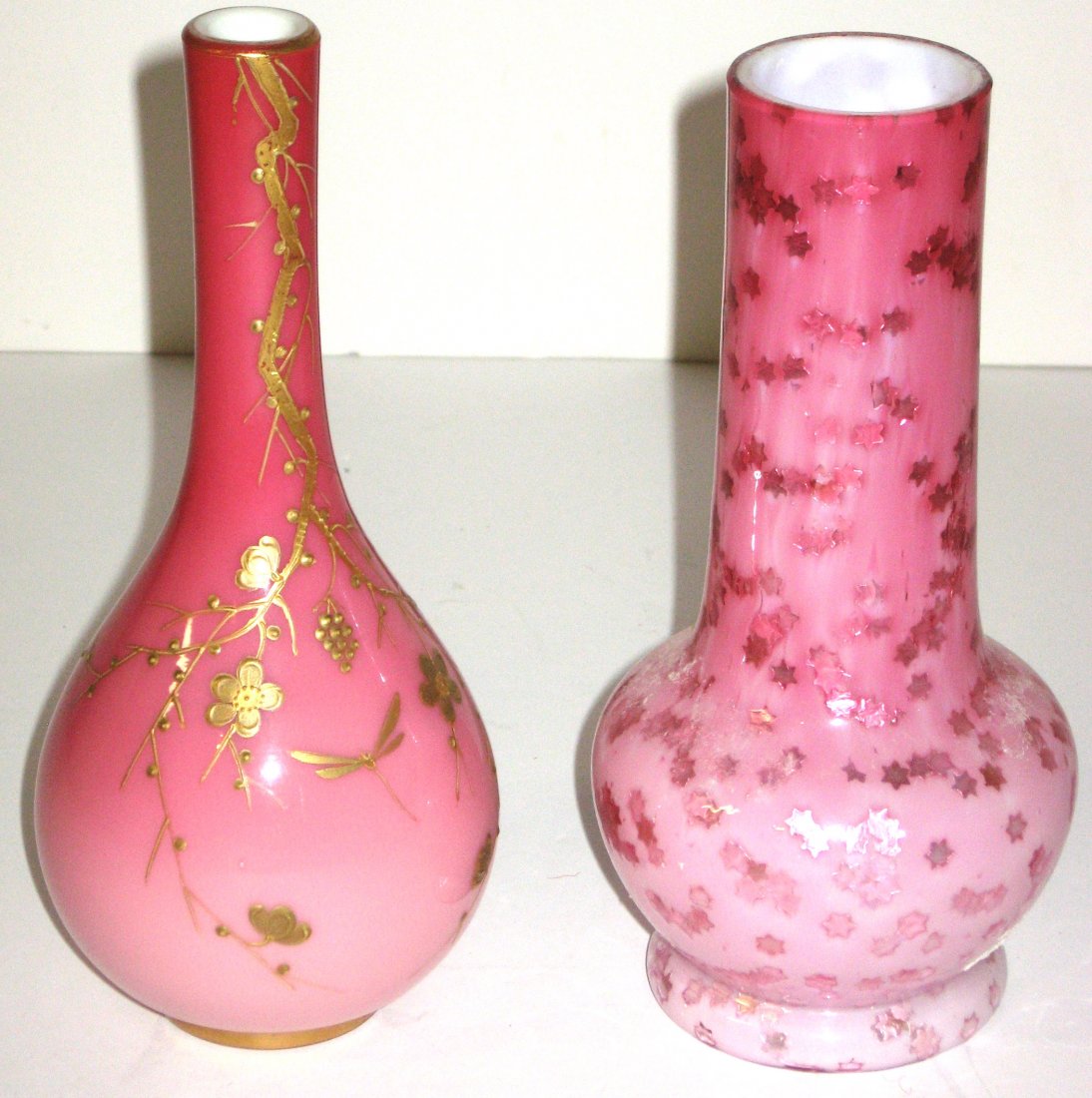 Two Webb Peachblow vases,: Including a bulbous stick vase decorated with cascading gingko, together with a bulbous smoke stack vase in pink with silver aventurine, tallest 7' ht.