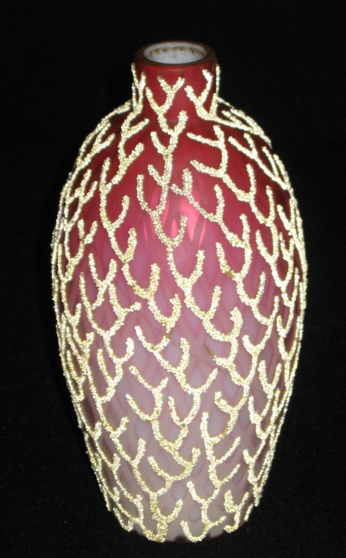 Webb MOP DQ Coraline vase,: Shouldered form Peachblow Mother of Pearl vase in the diamond quilted pattern decorated with yellow Coraline, numbered 674/1, 6 1/2' ht.