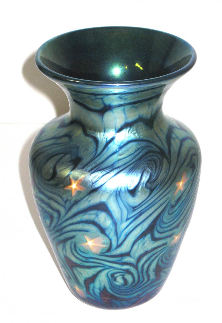 Lundberg "Evening Star" glass vase,: Shouldered form in iridescent blue in a King Tut pattern decorated with stars, signed Lundberg Studios 2000, 6' ht.