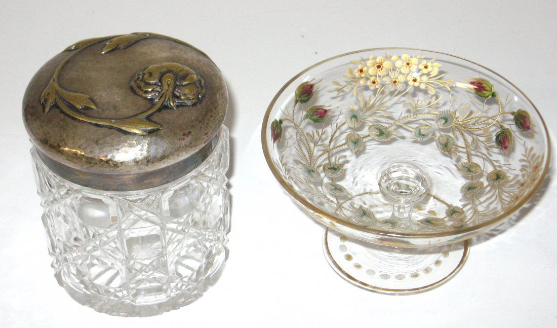 Two Vintage glass items including Moser,: Including a Moser cut and enameled compote with red flowers on gold stems, together with a cut glass jar with a hammered lid and copper flower, tallest 4" ht.