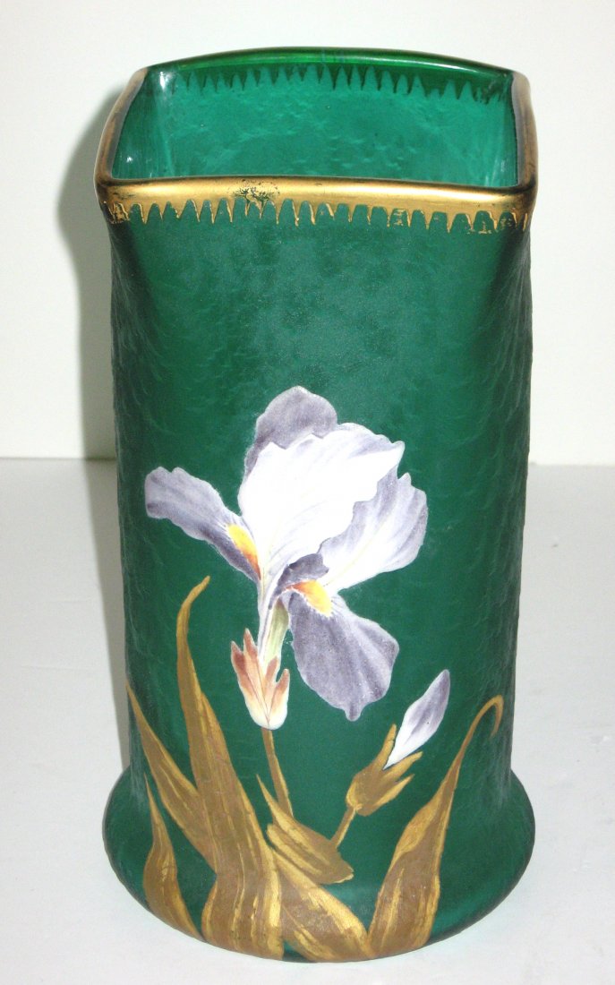 Mont Joye French cameo vase,: Cylindrical form in green textured glass decorated with a gold stemmed purple Iris, adorned with icicle border, 8" ht.