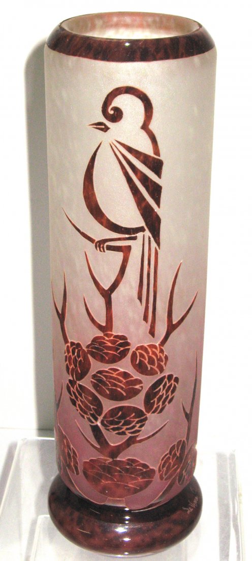 Le Verre Francais red French cameo vase,: Cylindrical form in mottled white glass decorated with an Art Deco bird on branch on front and reverse, double signed Charder in cameo, and engraved Le Verre Francais, 11 1/2" ht. LITERATURE: see "Sch