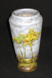 Daum Nancy fall scenic cameo glass vase,: footed trumpet form in mottled blue decorated with fall colored trees with a distant autumn hillside set against a bright blue sky, both front and back fully decorated, signed Daum Nancy, 7 1/2" ht.