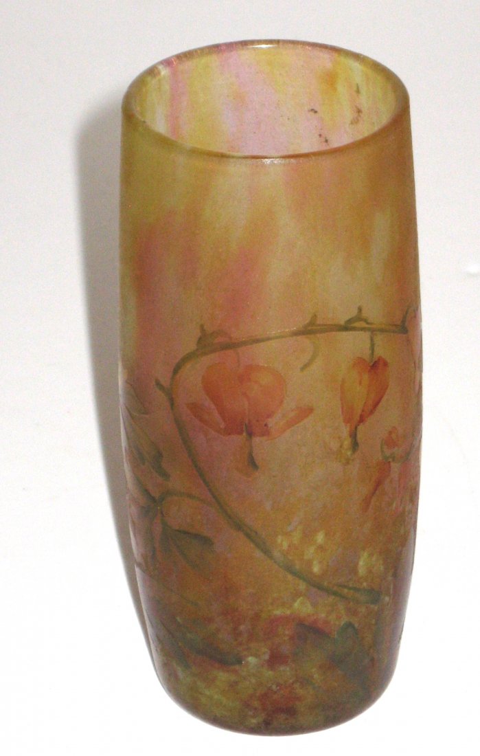 Daum Nancy French cameo glass vase,: Cylindrical form in striated red and amber glass decorated with double stem red bleeding heart, signed in cameo Daum Nancy, 4 1/4" ht.