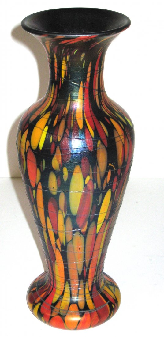 Early Fenton Mosaic glass vase,: Wonderful color urn form vase in dark blue glass decorated with spattered color of orange, red, yellow, brown and green and adorned with overall black threading, 11" ht