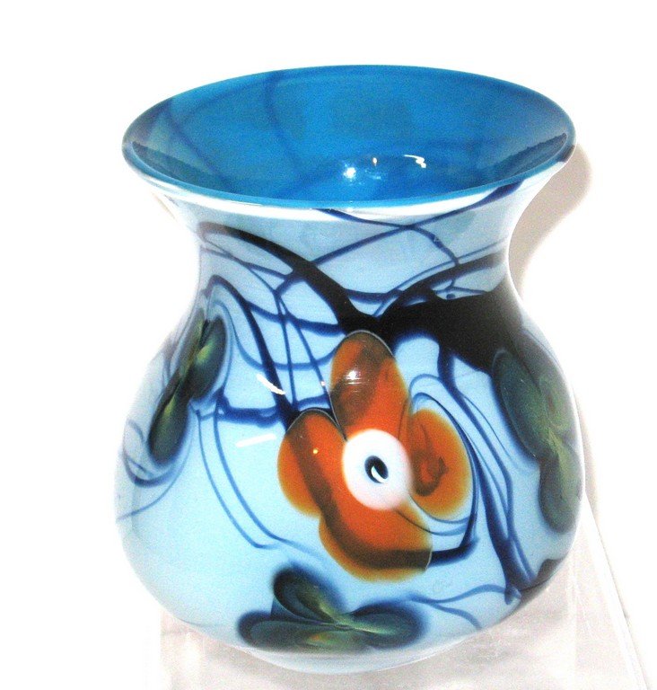 Lotton turquoise art glass vase,: Interesting Lotton glass vase in light blue glass decorated with orange flowers, signed by Charles long time assistant Tony Naun, signed Antony Naun Lotton, 5" ht. NOTE: personally purchased from Tony