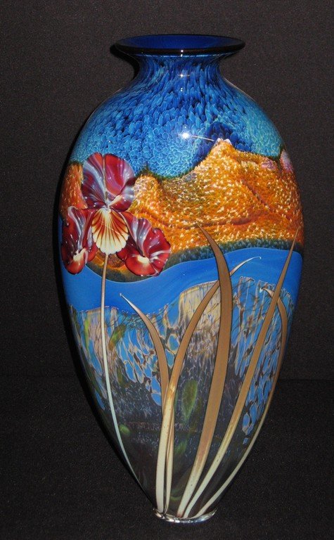 Tall Rick Satava Iris on Meadow glass vase, (1 of 7)