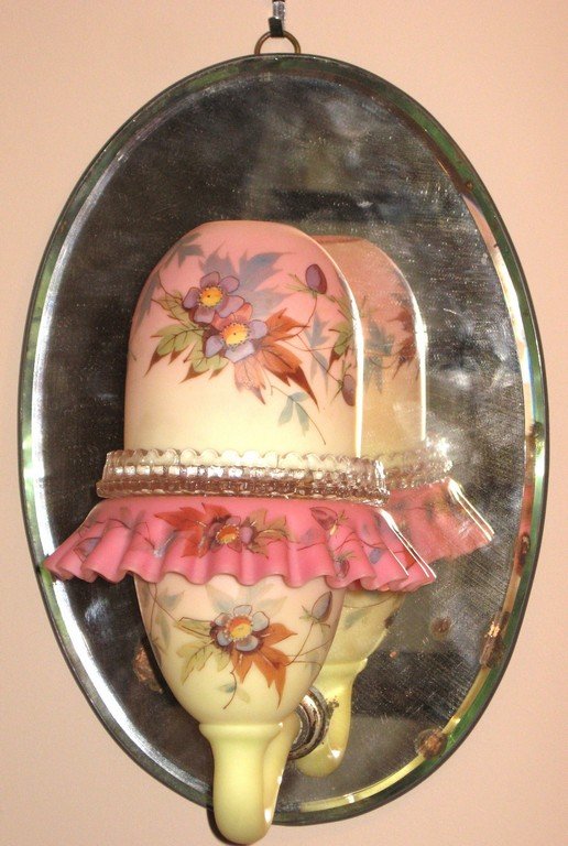 Thomas Webb and Sons Burmese sconce,: Four part Webb Burmese wall sconce consisting of an oval mirror with attached Burmese arm and domed with matching Hawthorn design, separated with a singed Clark Fairy clear inserts and a rare marked p