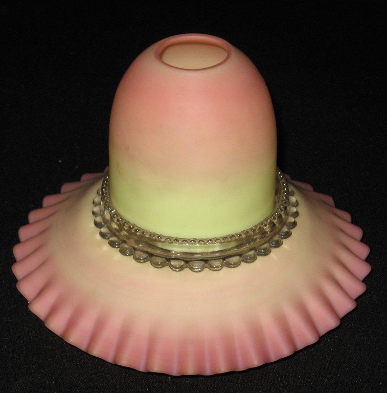 Thomas Webb and Sons Burmese Fairy Lamp,: Ruffled rim base and matching shade with a clear marked Clarke Fairy insert, lamp can be easily reverses for a different look, 6" ht. by 7 wide.