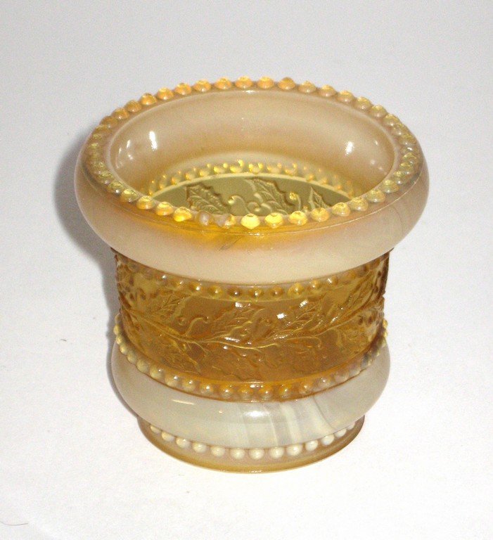 Greentown Holly Amber toothpick,: Opalescent amber toothpick in the Holly pattern, 2 1/2" ht.