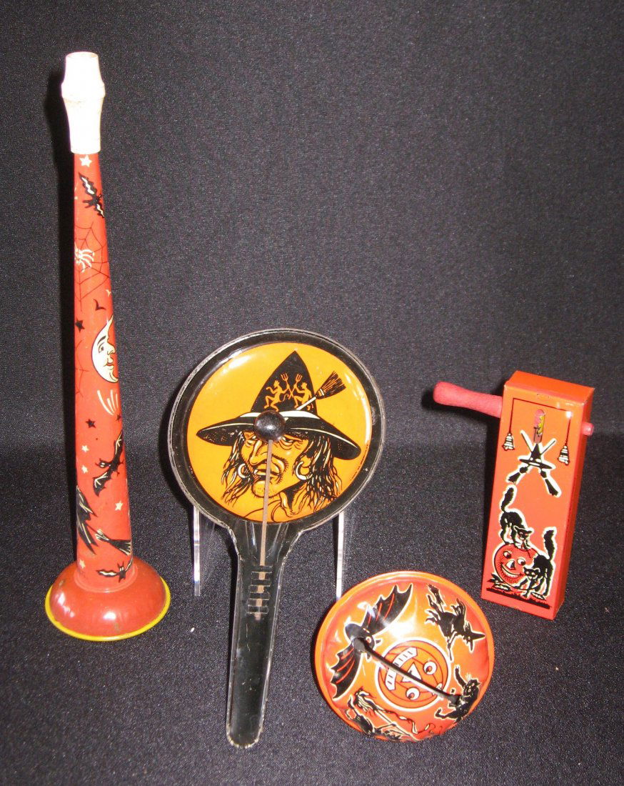 Four Halloween 1950's tin noise makers, (1 of 5)