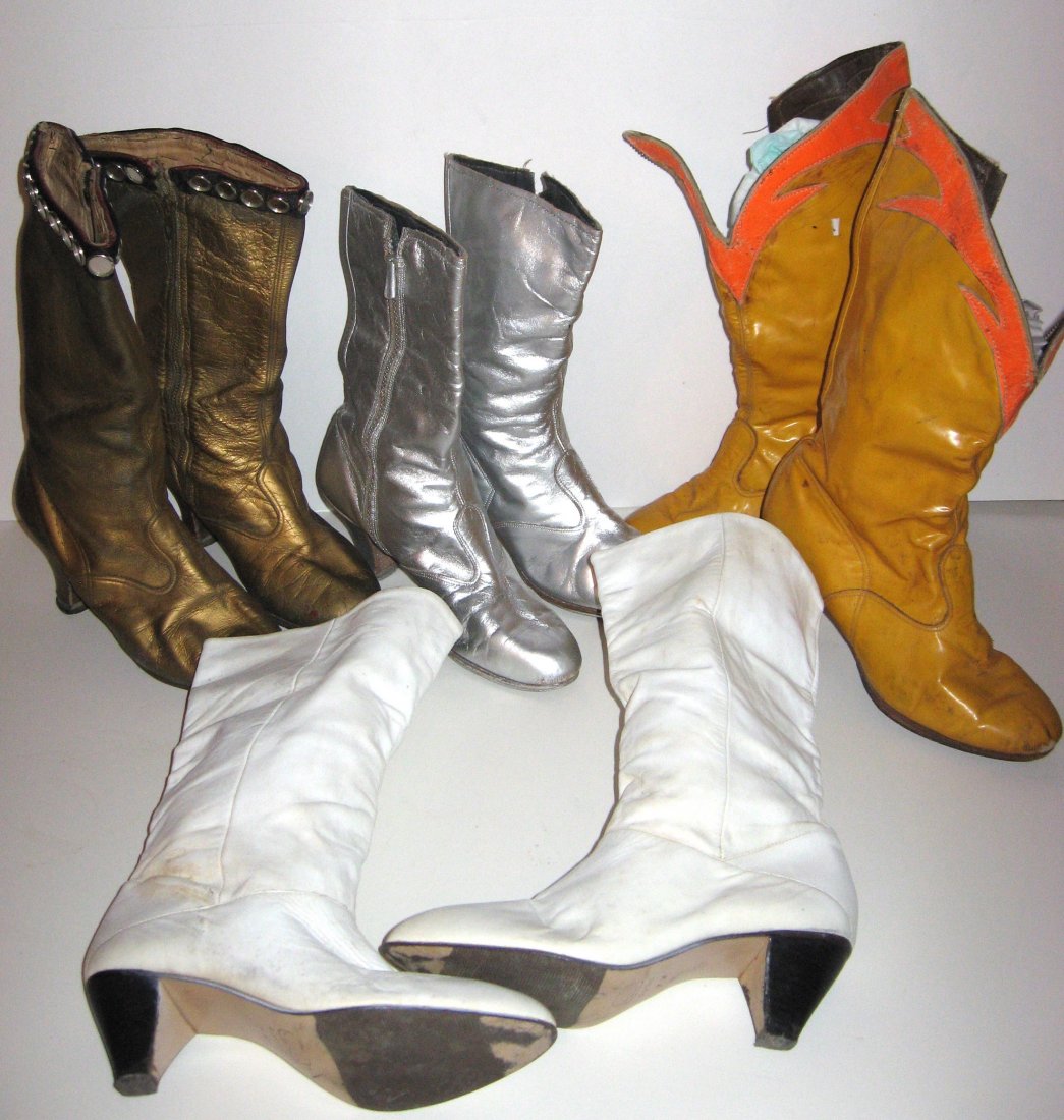 Four pair of Kathia Urias boots.: One in silver one in white and one gold and a tan pair with orange trim. PROVENANCE: Victor and Kathia Urias to current owner.